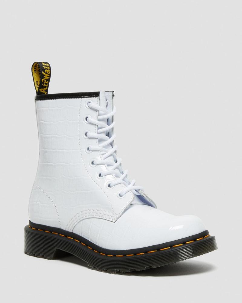 White Women\'s Dr Martens 1460 Patent Croc Emboss Leather Ankle Boots | CA 19ZUT